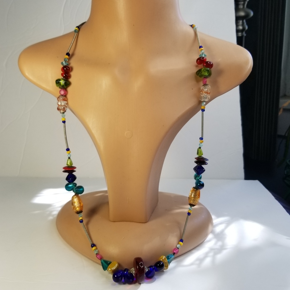 MULTI COLORED GLASS BEADS LONG NECKLACE FASHION STATEMENT COSTUME BOHO.